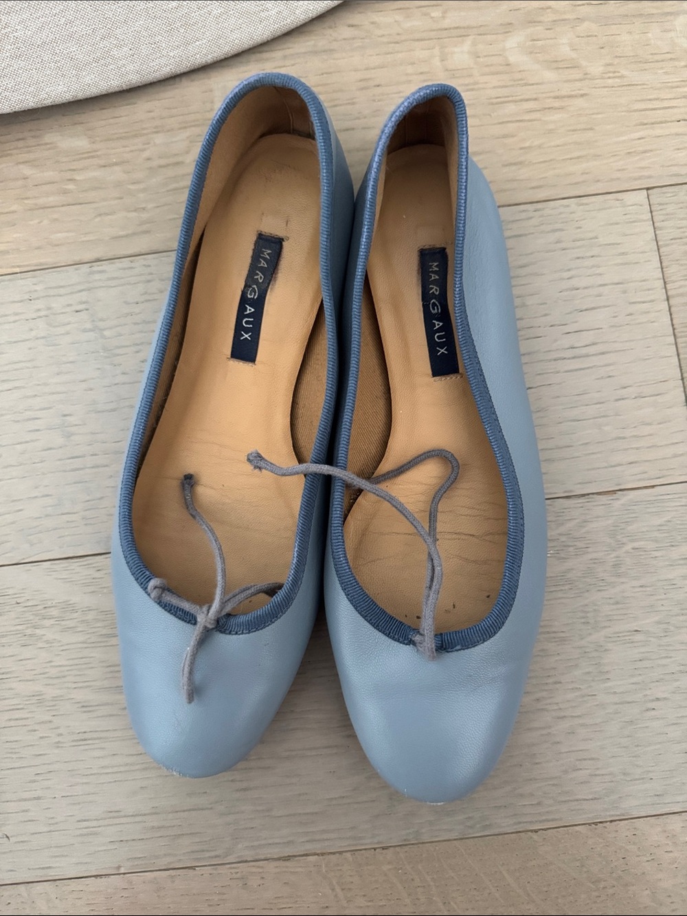 Margaux Powder Blue Leather Ballet Flats with Knotted Tie